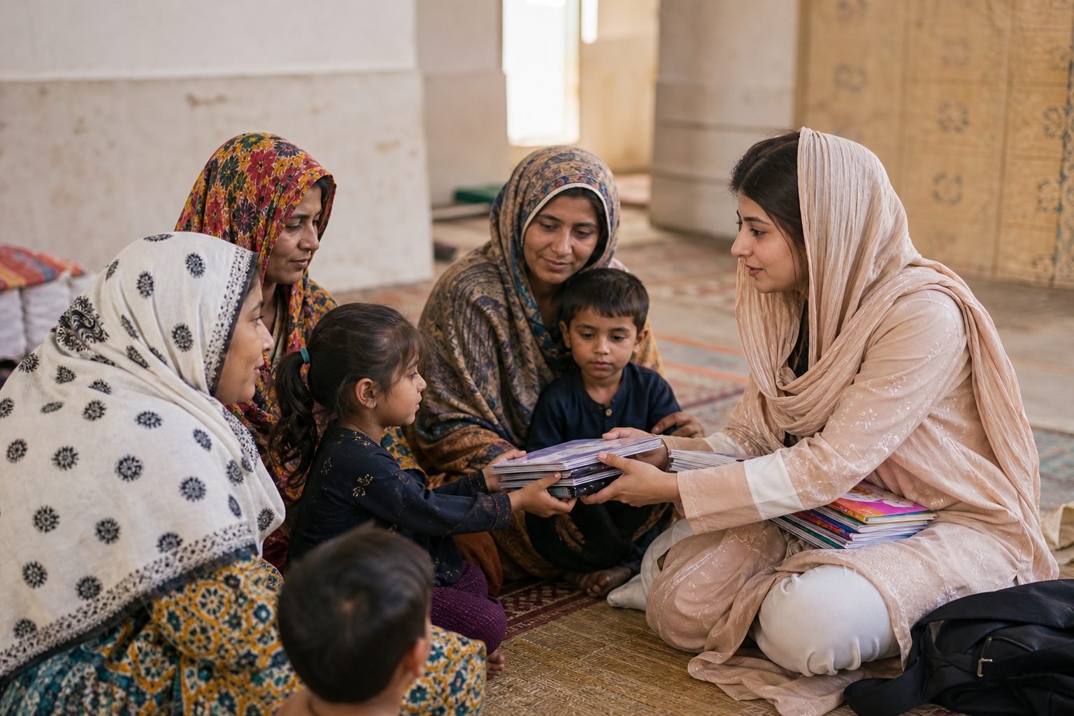 AI-generated realistic Pakistani women and children welfare support scene